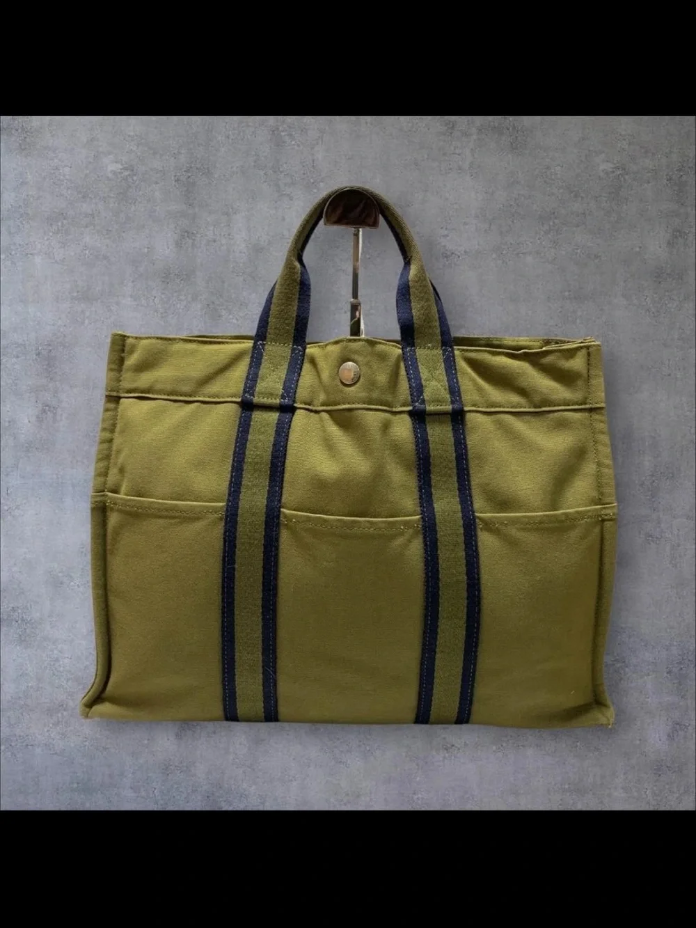 Hermes Olive Green Canvas Tote with Navy Stripe Handles